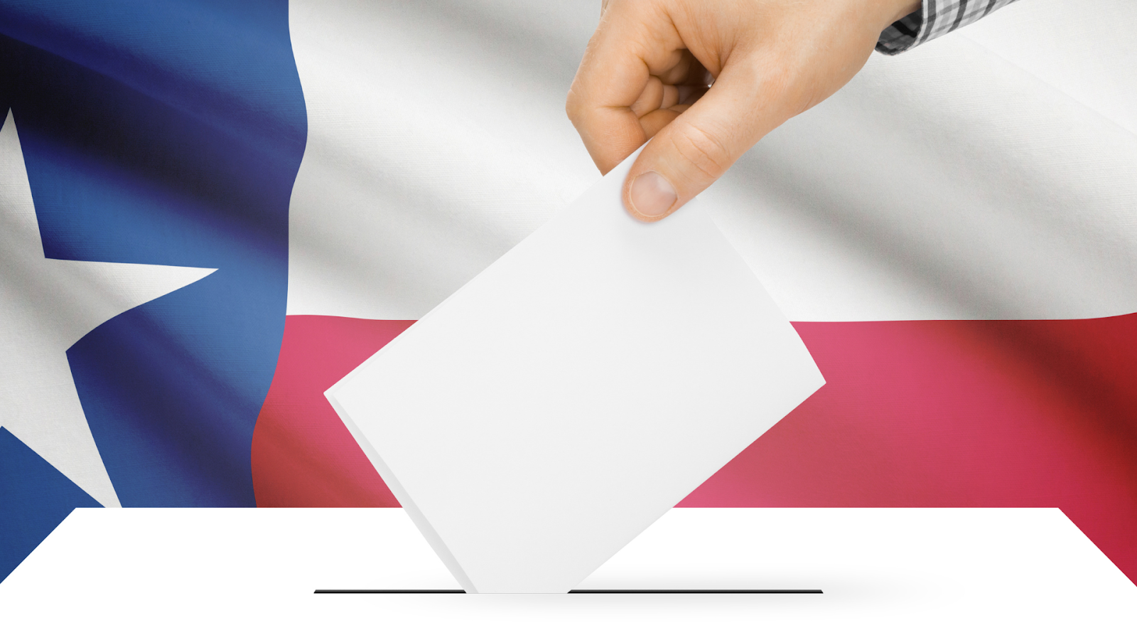 Placing a vote in the ballot box with a Texas flag in the background